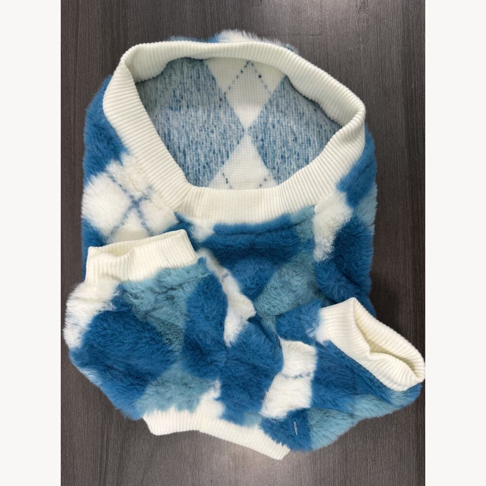 Blue White Argyle Fleece Dog Sweater Size XS Preppy Cozy Winter Small Breed